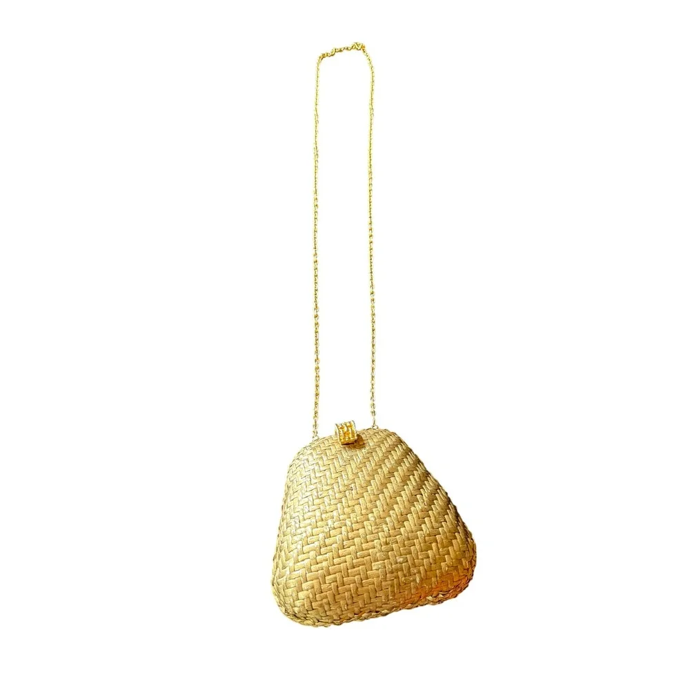 Woven Clutch Gold Metallic Triangular Minaudiere Chain Strap Evening Bag